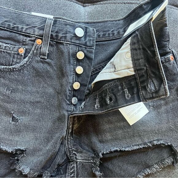 Levi’s 501 Original Fit High Rise Distressed Cutoff Black Denim Shorts - Picture 8 of 14